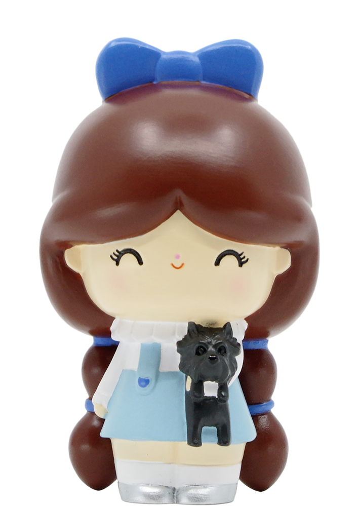 The Wonderful Wizard of Oz Momiji doll with brown hair, blue bow, blue dress, silver shoes & black dog. — Momiji doll