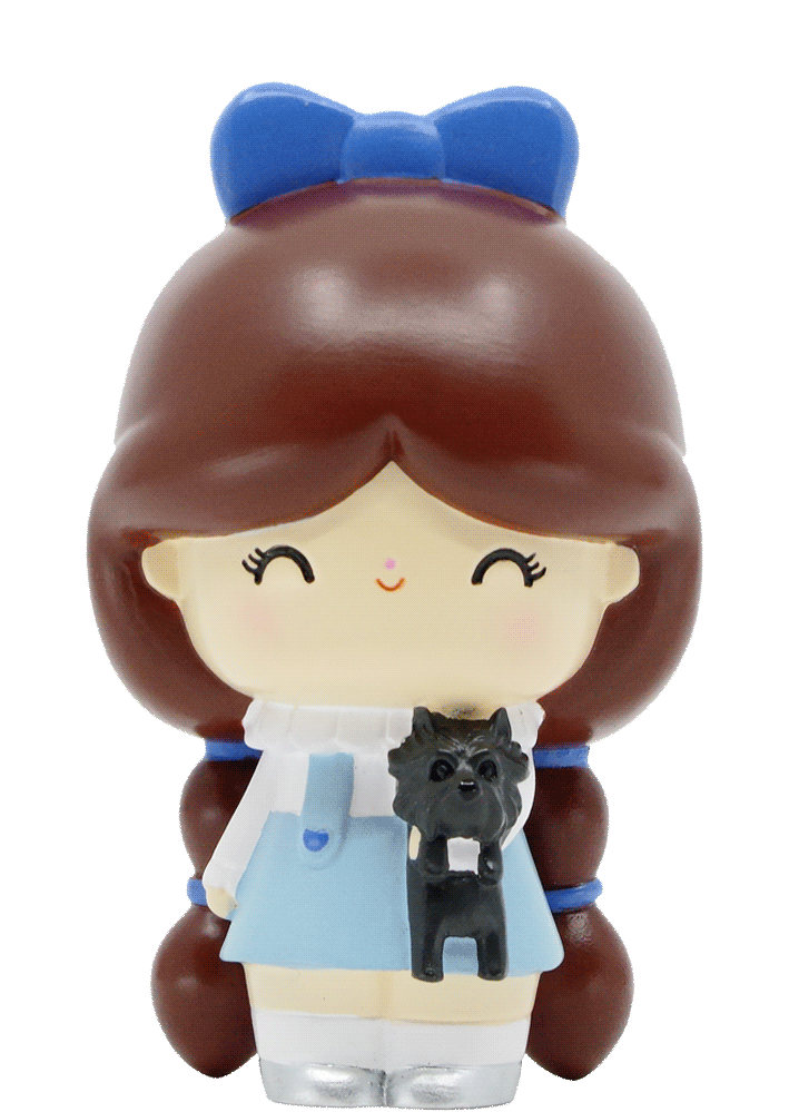 A hand-numbered Momiji doll, "The Wonderful Wizard of Oz," with brown hair, blue bow and dress, hugging a black dog. — Momiji doll