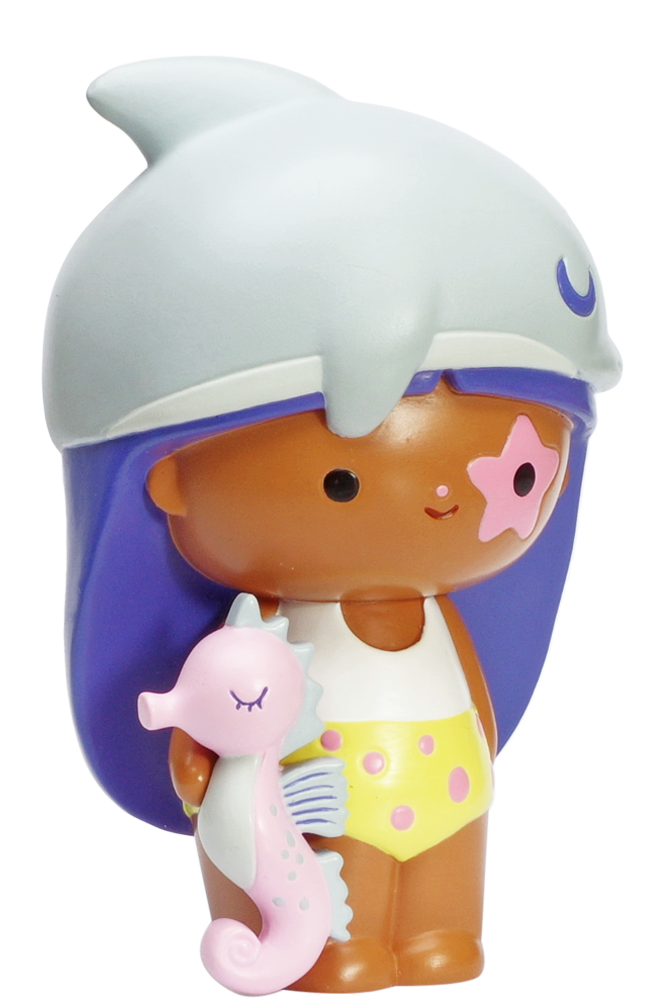 Beach Baby Momiji doll with purple hair, shark hat, polka-dot shorts, and holding a pink seahorse. — Momiji doll