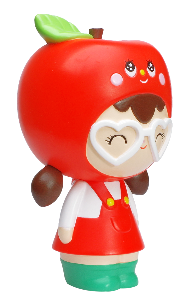 Thank You HN Momiji doll wears an apple hat, heart glasses, red overalls, green boots, and has a cheerful smile. — Momiji doll