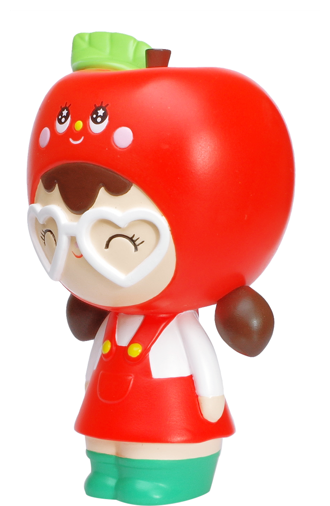 Thank You Momiji doll with apple-shaped head, heart glasses, red overalls, green boots, and a big smile. — Momiji doll