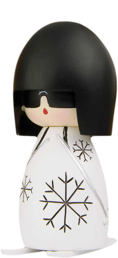 Woosh Momiji doll with black hair, sunglasses, red lips, and a white outfit decorated with black snowflakes. — Momiji doll