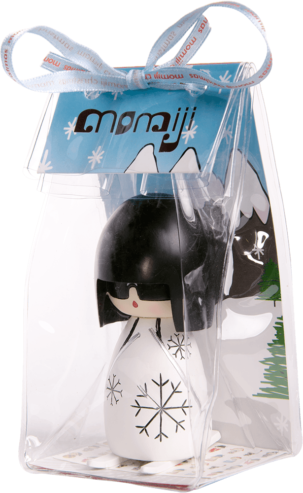 Woosh Momiji doll with snowflake design, black hair, red lips. Comes in clear box with blue ribbon and tag. — Momiji doll