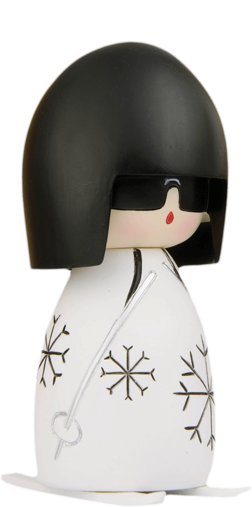 Woosh Momiji doll with a black bob, black sunglasses, and a white outfit decorated with black snowflakes. Collectible and kawaii. — Momiji doll