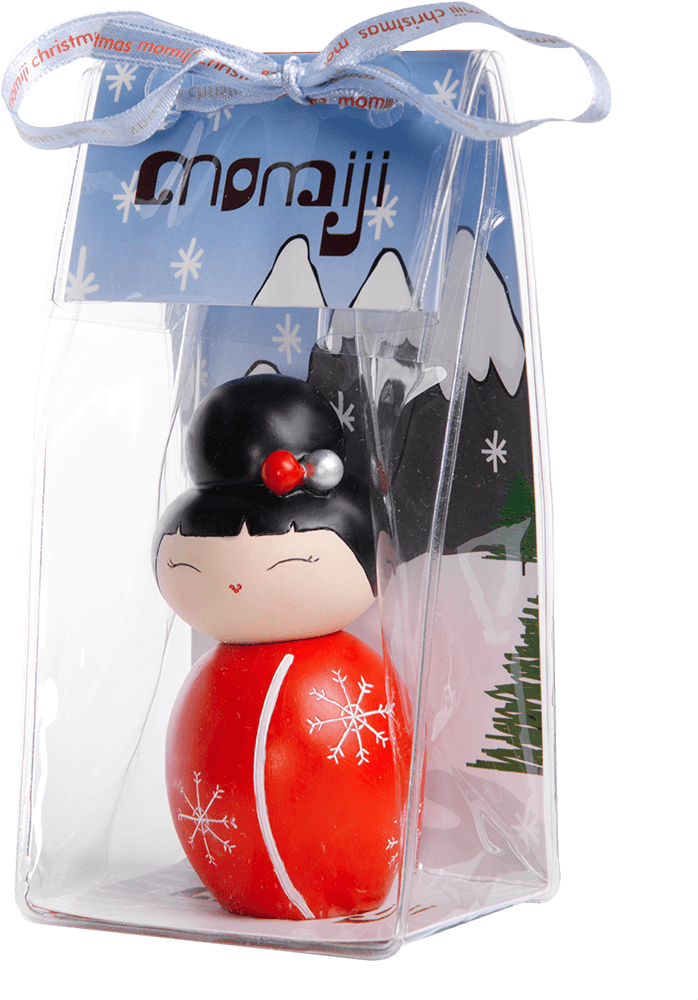 Missy Flake Momiji doll in red and black with snowflake pattern, in a ribboned gift box, includes collectible charm. — Momiji doll