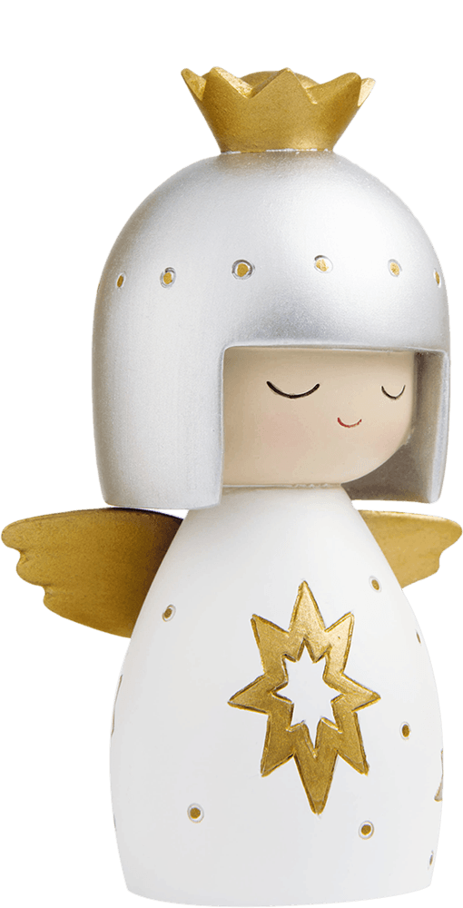 Momiji doll with golden wings, a gold crown, and a white robe decorated with a gold star. Kawaii collectible character. — Momiji doll