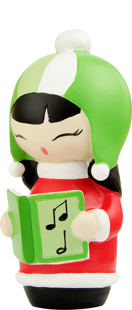 Bubble Momiji doll wears a green hat, red coat, and holds a music book decorated with musical notes. — Momiji doll