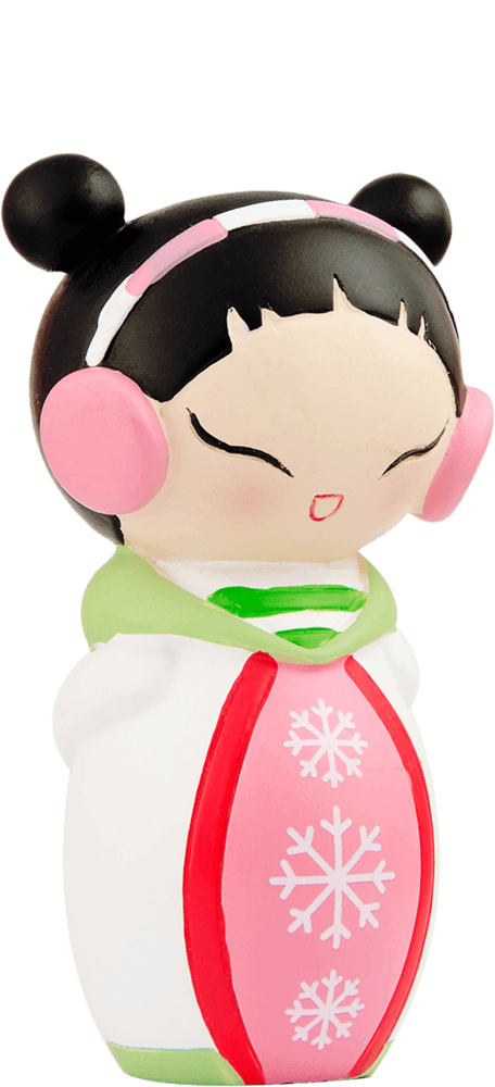Blushes Momiji doll with black hair, pink earmuffs, and a white snowflake outfit with green accents. — Momiji doll