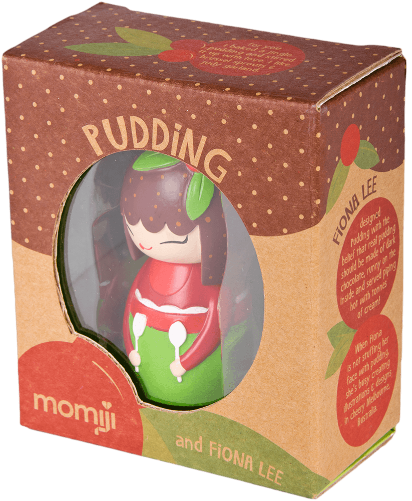 The Pudding Momiji doll is in a brown and red window box with decorative text by Fiona Lee. Collectible, message inside. — Momiji doll