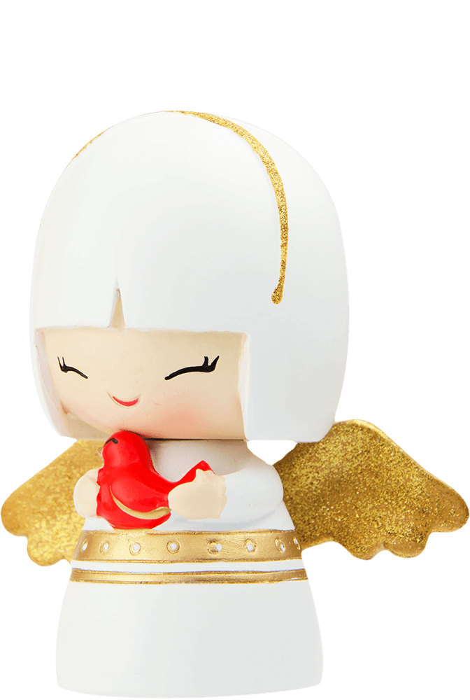 Robin Momiji doll with gold wings and a white robe, holding a red bird and smiling sweetly. — Momiji doll