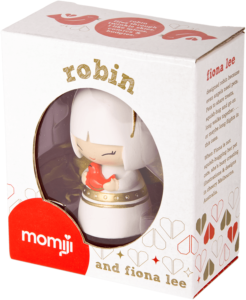 Boxed collectible Momiji doll "Robin" by Fiona Lee holds a red heart; packaging features patterns and decorative text. — Momiji doll