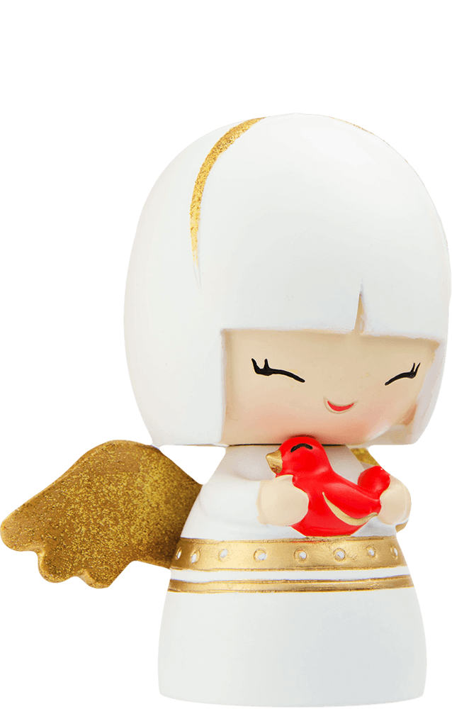 Robin Momiji doll with gold wings, a white and gold outfit, holding a red bird; kawaii collectible character vinyl figure. — Momiji doll