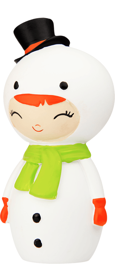Snowflake Momiji doll with a black top hat, green scarf, orange gloves, and a cute smile. Collectible and full of charm. — Momiji doll