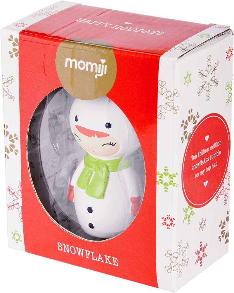 Boxed Momiji doll "Snowflake" with a snowman, in festive, colorful holiday packaging. Collectible with hidden message. — Momiji doll