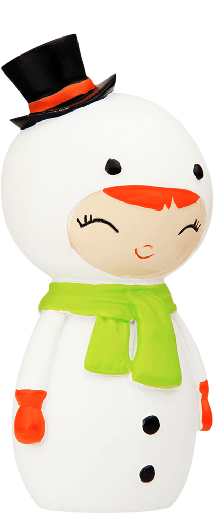 Momiji Snowflake doll—snowman character with black hat, green scarf, orange mittens; secret message inside. — Momiji doll