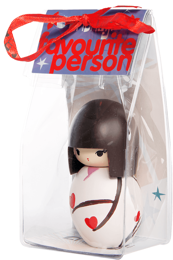 Favourite Person Momiji doll with heart pattern, displayed in clear box with red ribbon; collectible kawaii gift. — Momiji doll