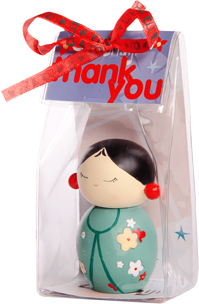 Thank You Momiji doll in a green floral dress, boxed with a red bow and tag, perfect as a cute collectible with hidden message. — Momiji doll