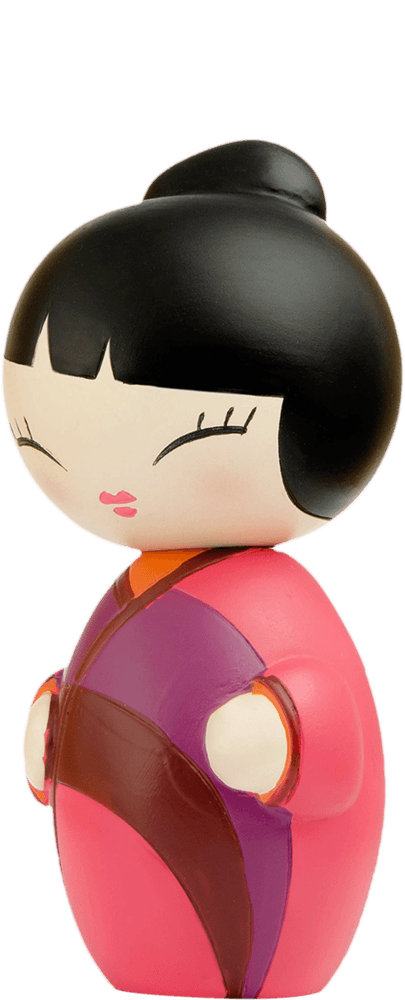 Favourite Person 2 Momiji doll has black hair, pink lips, and a purple outfit; includes a hidden message inside. Collectible and cute. — Momiji doll