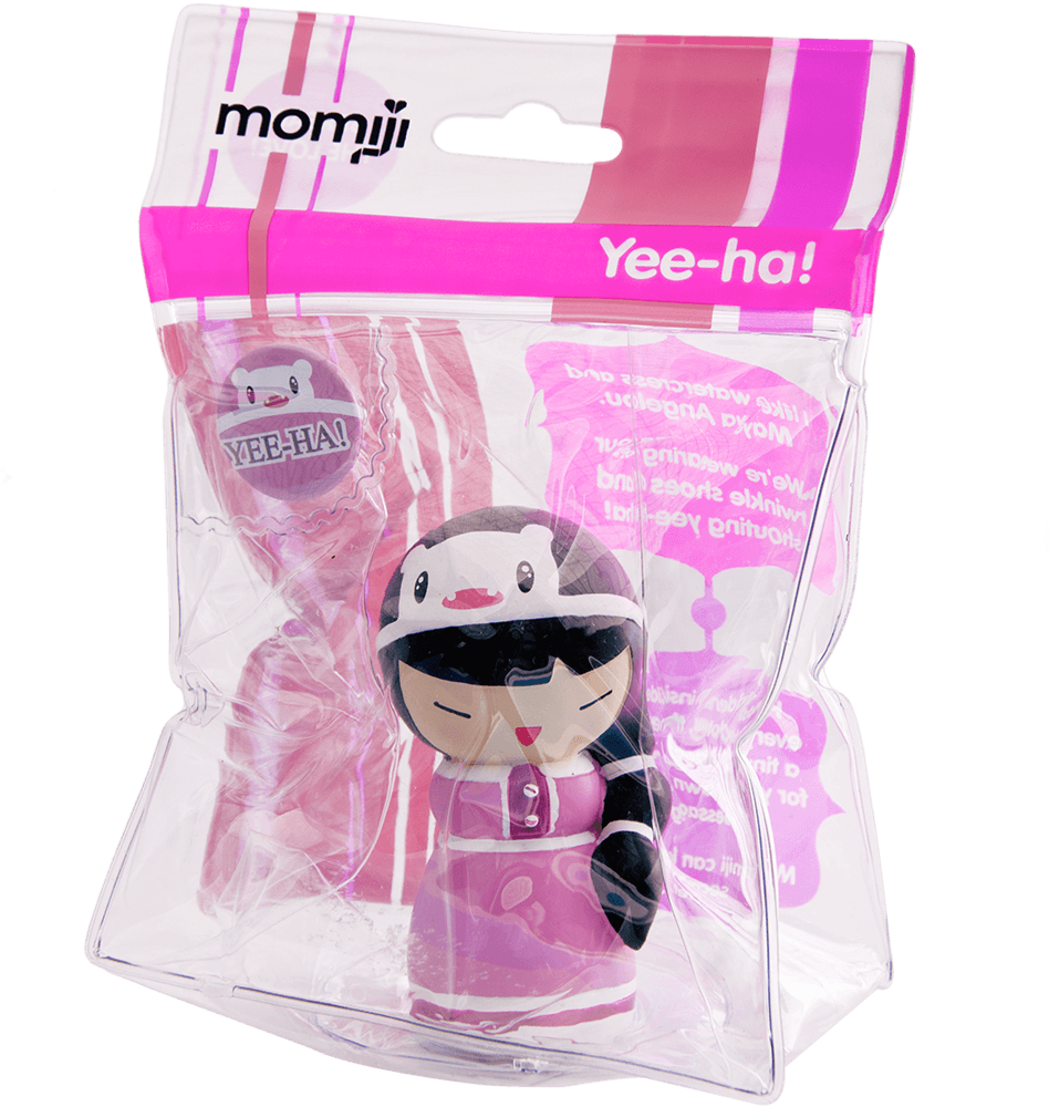 Yee Ha! Momiji doll with black hair in a clear bag, pink outfit, pink and white graphics; kawaii collectible gift. — Momiji doll