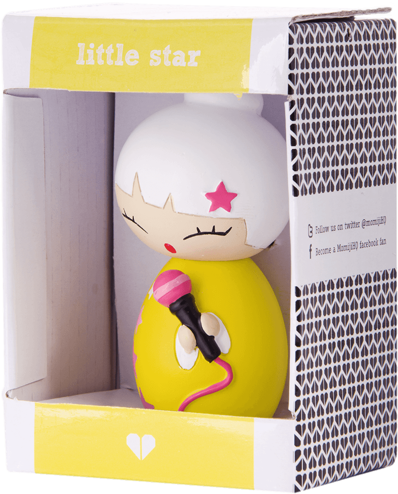Momiji doll "Little Star" with white hair, yellow body, pink star and mic, in a box labeled "Little Star". — Momiji doll