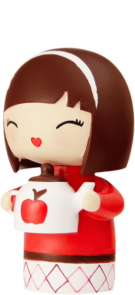 Sister Momiji doll with brown hair, dressed in red, holding a teapot with a red apple, smiling sweetly. — Momiji doll