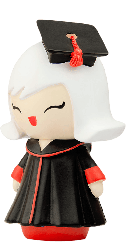 Clever Clogs Momiji doll with white hair, black cap and gown, red accents, smiling face—a cute collectible graduation keepsake. — Momiji doll