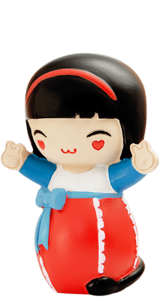 Lucky Momiji doll with black hair, heart eyes, red headband, blue top, red skirt, and peace sign. Secret message inside. Collectible!. — Momiji doll