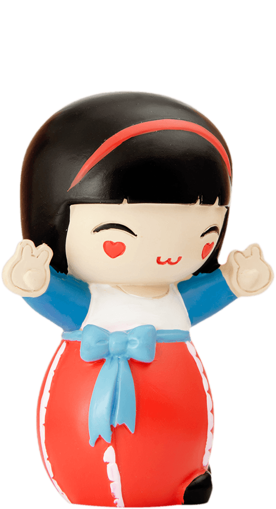 Lucky Momiji doll with black hair, red headband, red dress, blue bow, and peace signs on the front. Secret message inside. — Momiji doll