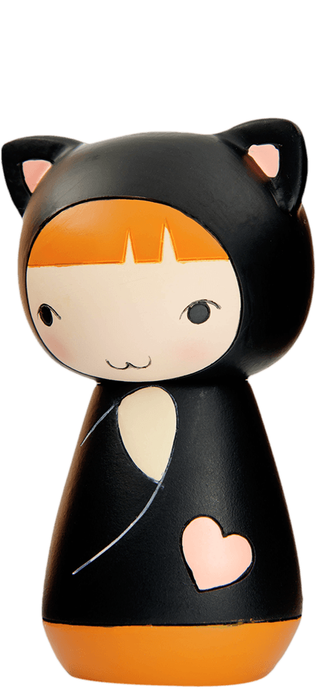 Kitty Momiji doll with orange hair, black cat costume, pink ears, and a pink heart detail on its side. — Momiji doll