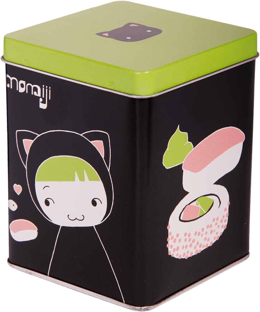 Kitty Momiji doll tin box, black and green, with cute cartoon cat and sushi art on the sides and lid; collectible item. — Momiji doll