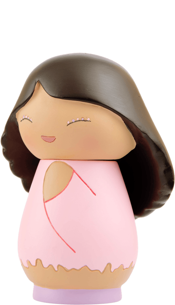 Kogal Momiji doll with long dark hair, closed eyes, and a pink dress stands on a light surface. — Momiji doll