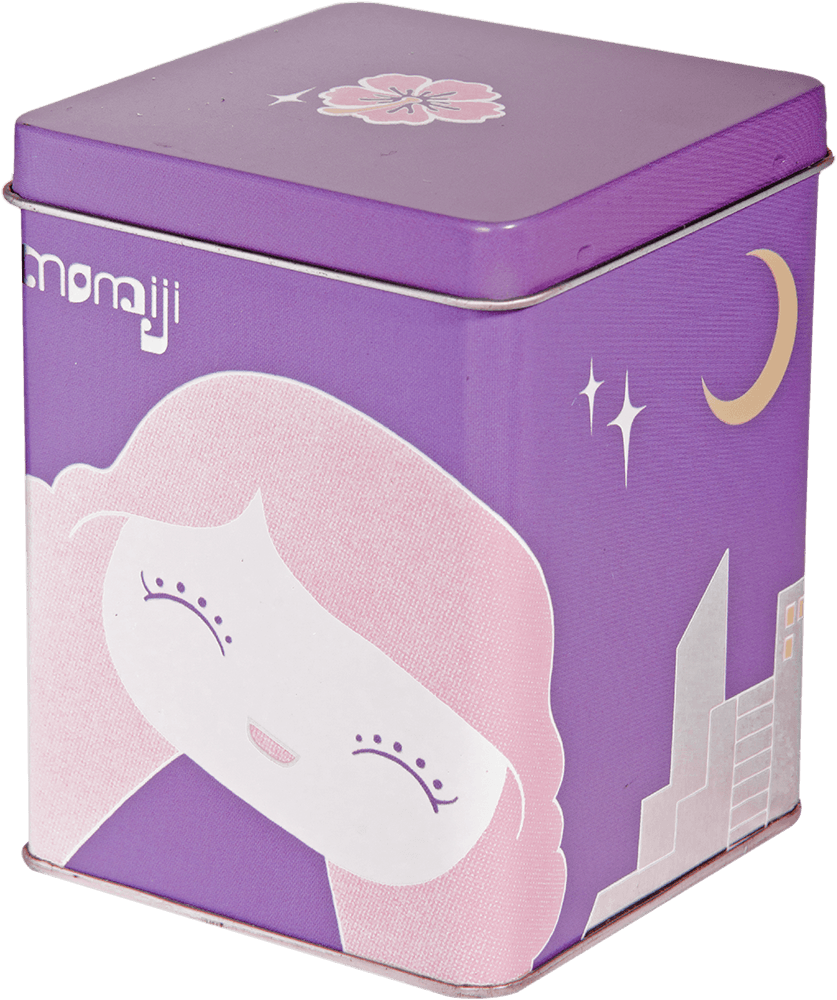 Purple "Kogal" Momiji doll tin box with kawaii face, stars, crescent moon, and flower design on the lid. — Momiji doll