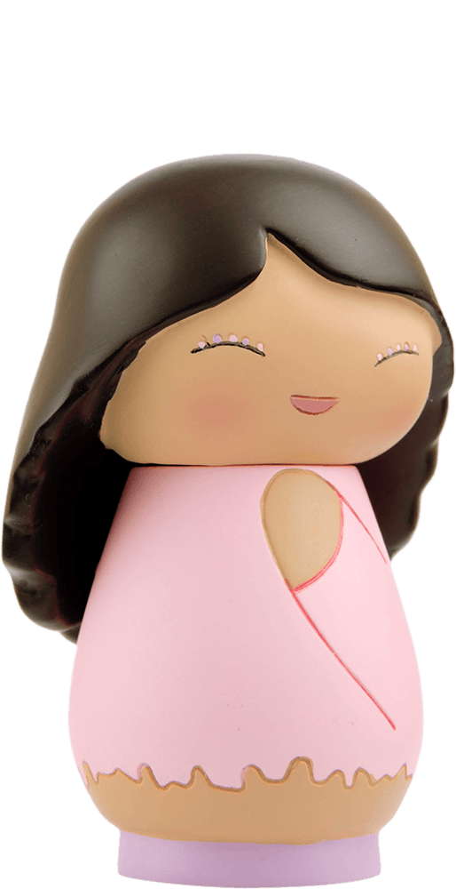 Kogal Momiji doll with long dark hair, pink dress, and a kawaii smiling face with closed eyes. — Momiji doll