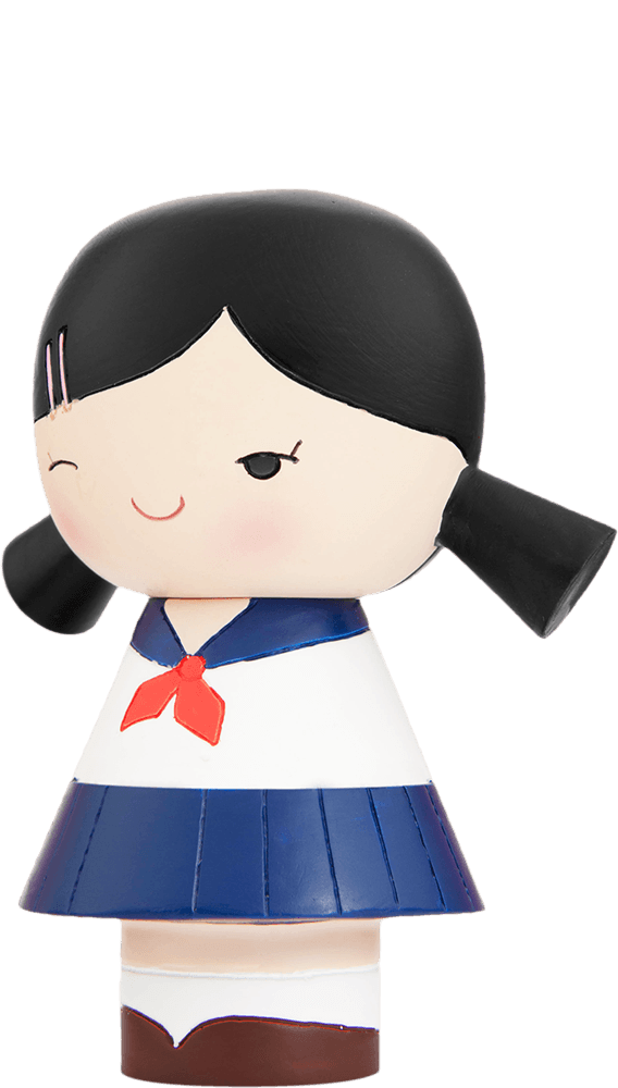Momiji doll Sakura: girl in navy school uniform, winking, with black pigtails; kawaii collectible character doll. — Momiji doll