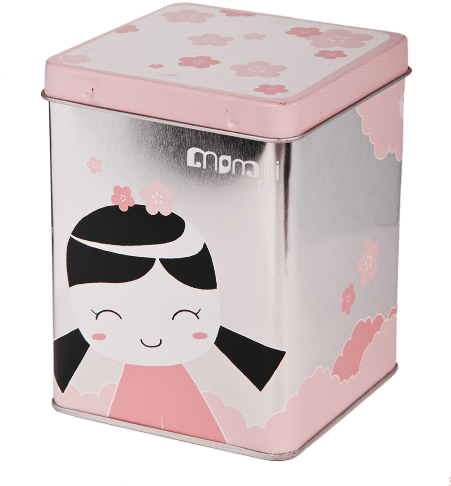 Sakura: Square tin box with a Momiji doll character and pink flowers on a silver-pink kawaii background. — Momiji doll