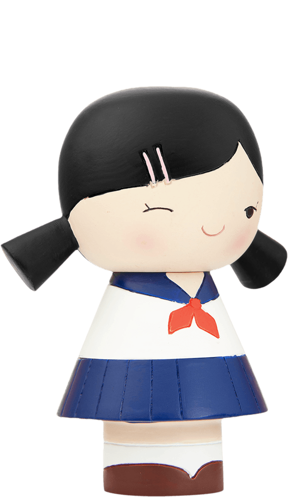 Sakura Momiji doll with black pigtails, winking, in a blue and white sailor school uniform. Kawaii collectible design. — Momiji doll