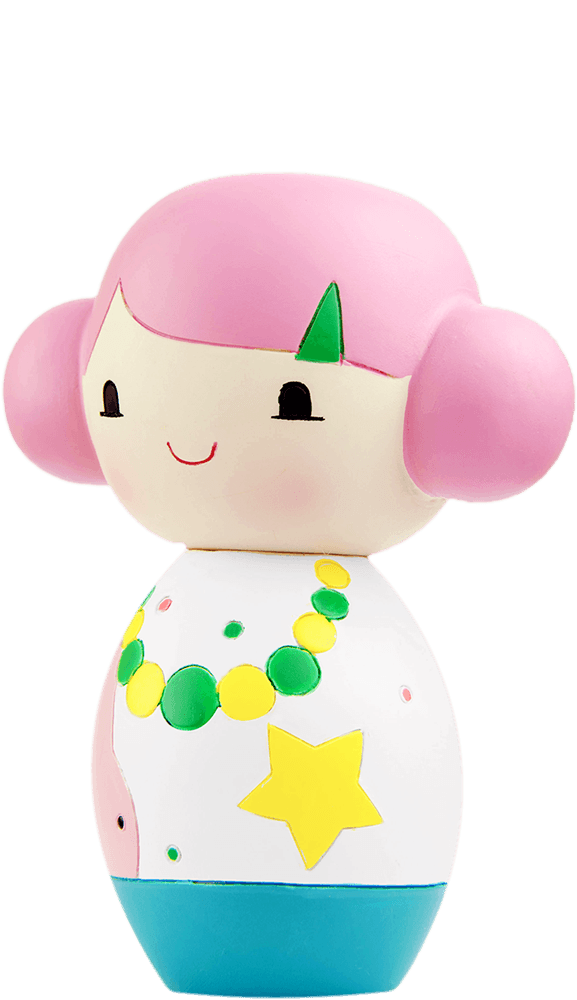 Pinku Momiji doll with pink hair, a white dress patterned with green and yellow shapes, and a cheerful smiling face. — Momiji doll
