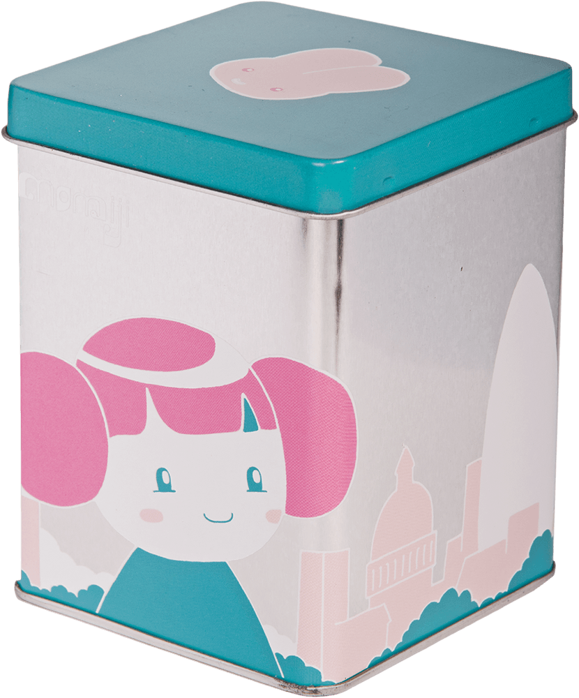 Pinku Momiji doll metal tin with teal lid, featuring a kawaii pink and teal Momiji doll illustration by indie artists. — Momiji doll