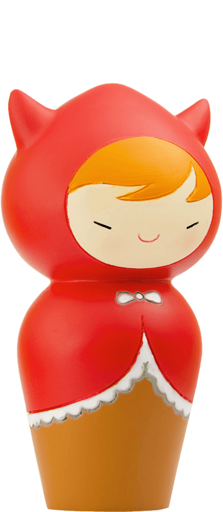 Ruby Momiji doll wears a red hood and cape, smiling with closed eyes. Vinyl collectible with hidden message compartment. — Momiji doll