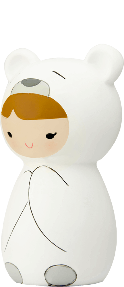 Polo Momiji doll features a smiling child in a white bear costume with cute ears and paw details, hiding a secret message inside. — Momiji doll