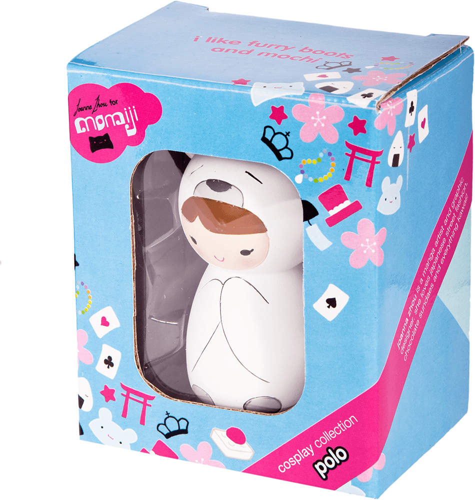 Boxed Momiji doll named Polo, wearing a panda costume with black ears and paws; includes a hidden message compartment. — Momiji doll