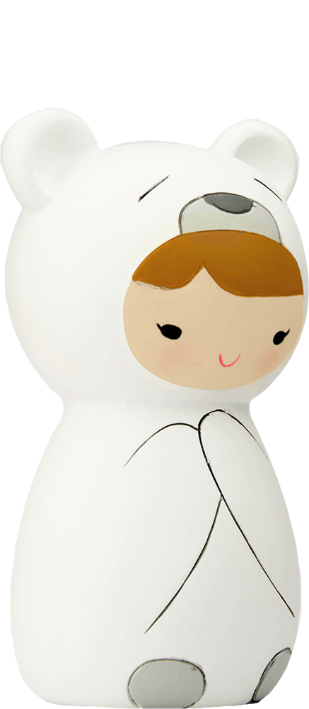 Momiji Polo doll: brown-haired child in a white bear costume, smiling, on a plain background. Secret message hidden inside. — Momiji doll