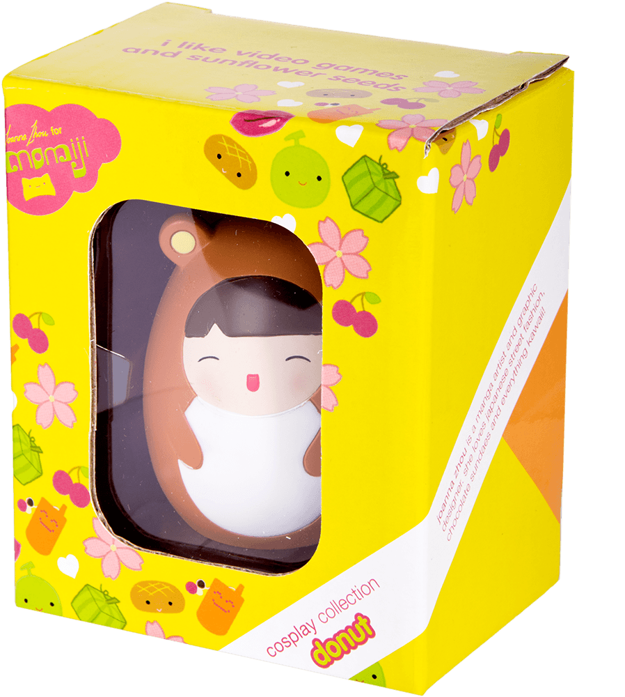Yellow box with Momiji doll, cute animal friend, flowers and fruit. Label: Donut collectible cosplay collection. — Momiji doll