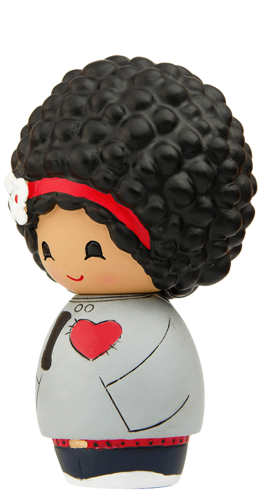 Mika Momiji doll with curly black hair, red headband, gray coat, and red heart. Cute collectible with secret message inside. — Momiji doll