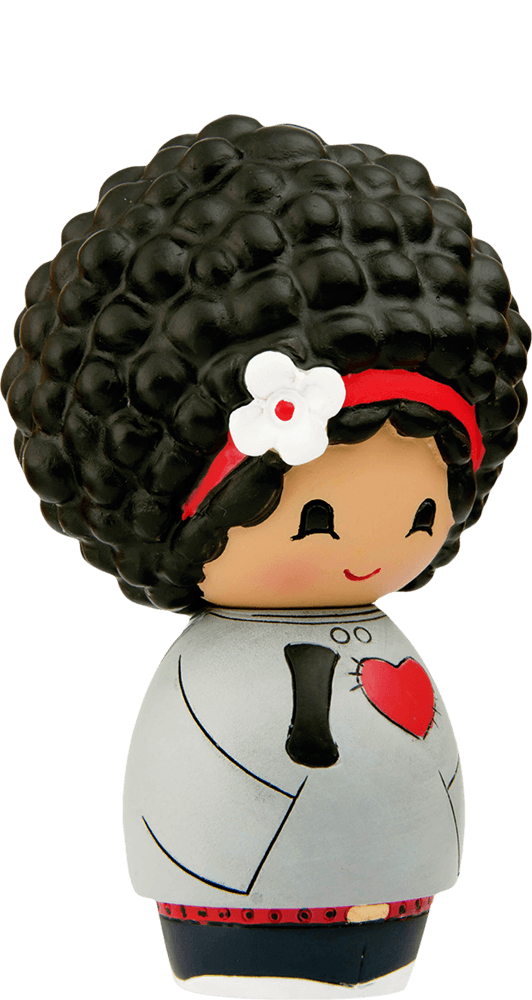 Mika Momiji doll with curly black hair, red headband, white flower, and gray outfit featuring a red heart detail. — Momiji doll