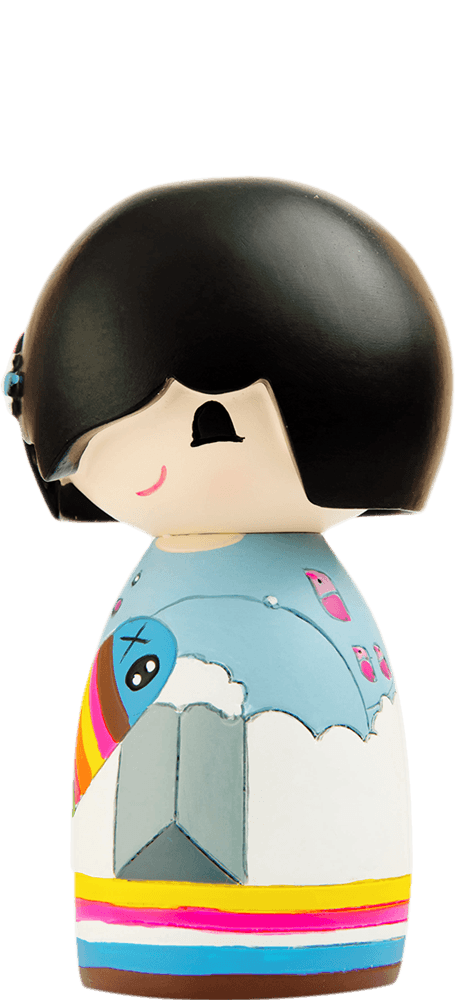 Sonny Momiji doll with a black bob hairstyle and vibrant, playful patterns across its vinyl body. Secret message inside. — Momiji doll