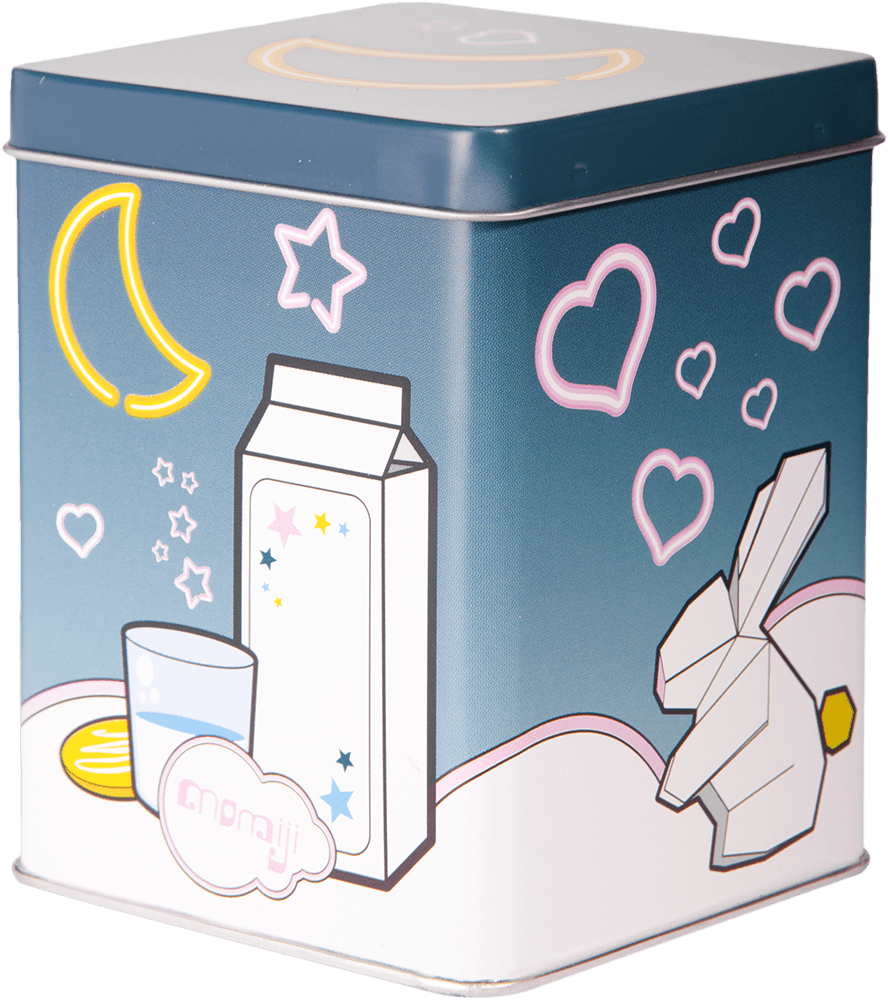 Nani Momiji doll tin box: square, blue, with cute milk carton, origami rabbit, moon, stars & hearts; collectible & kawaii. — Momiji doll