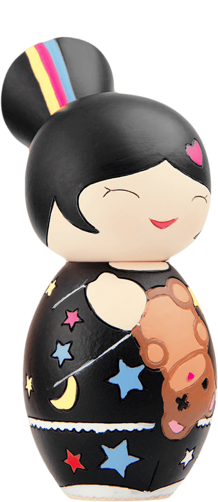 Nani Momiji doll with black hair, colorful stars and crescent moon on dress, holding a brown teddy bear. — Momiji doll