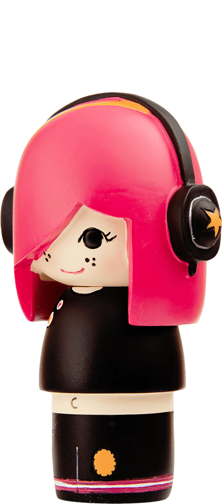 Luca Momiji doll with pink hair, black headphones, a black outfit, and a small smile; vinyl collectible inspired by street style. — Momiji doll