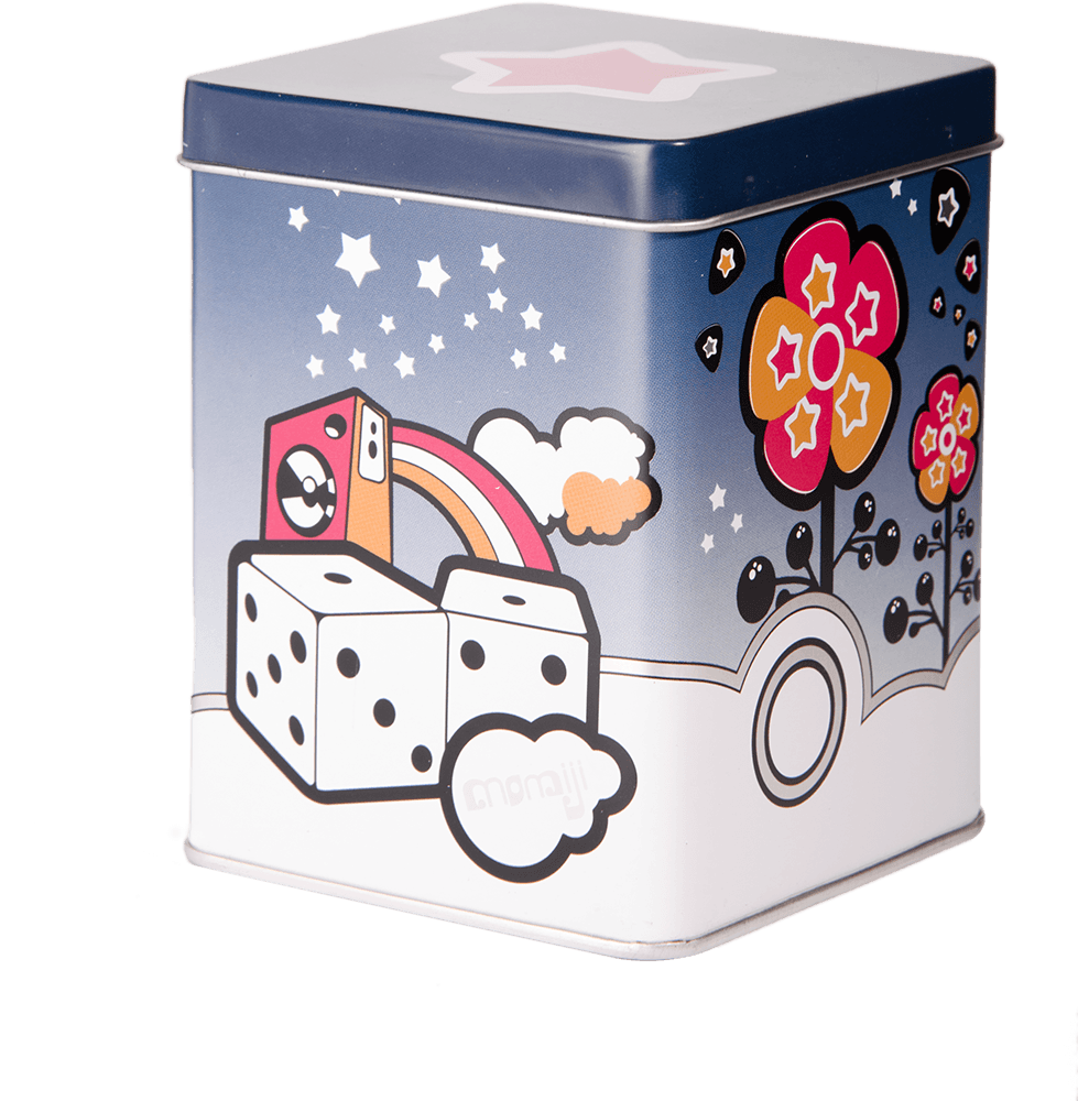 Luca Momiji doll metal tin featuring dice, rainbow, clouds, stars, and cute pastel flowers in a playful street-art style. — Momiji doll